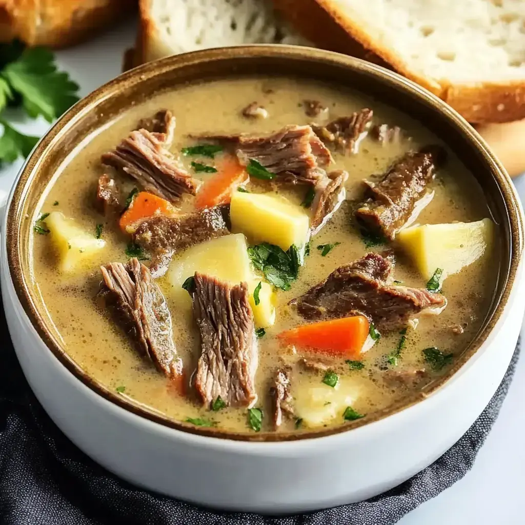 A bowl of hearty beef stew with chunks of meat, potatoes, carrots, and herbs, accompanied by slices of bread.