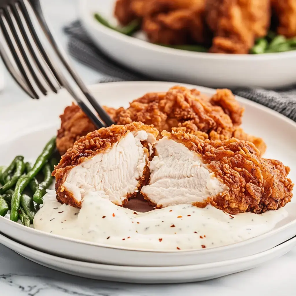 A close-up of a plate featuring a cut piece of fried chicken, served with green beans and a creamy sauce.