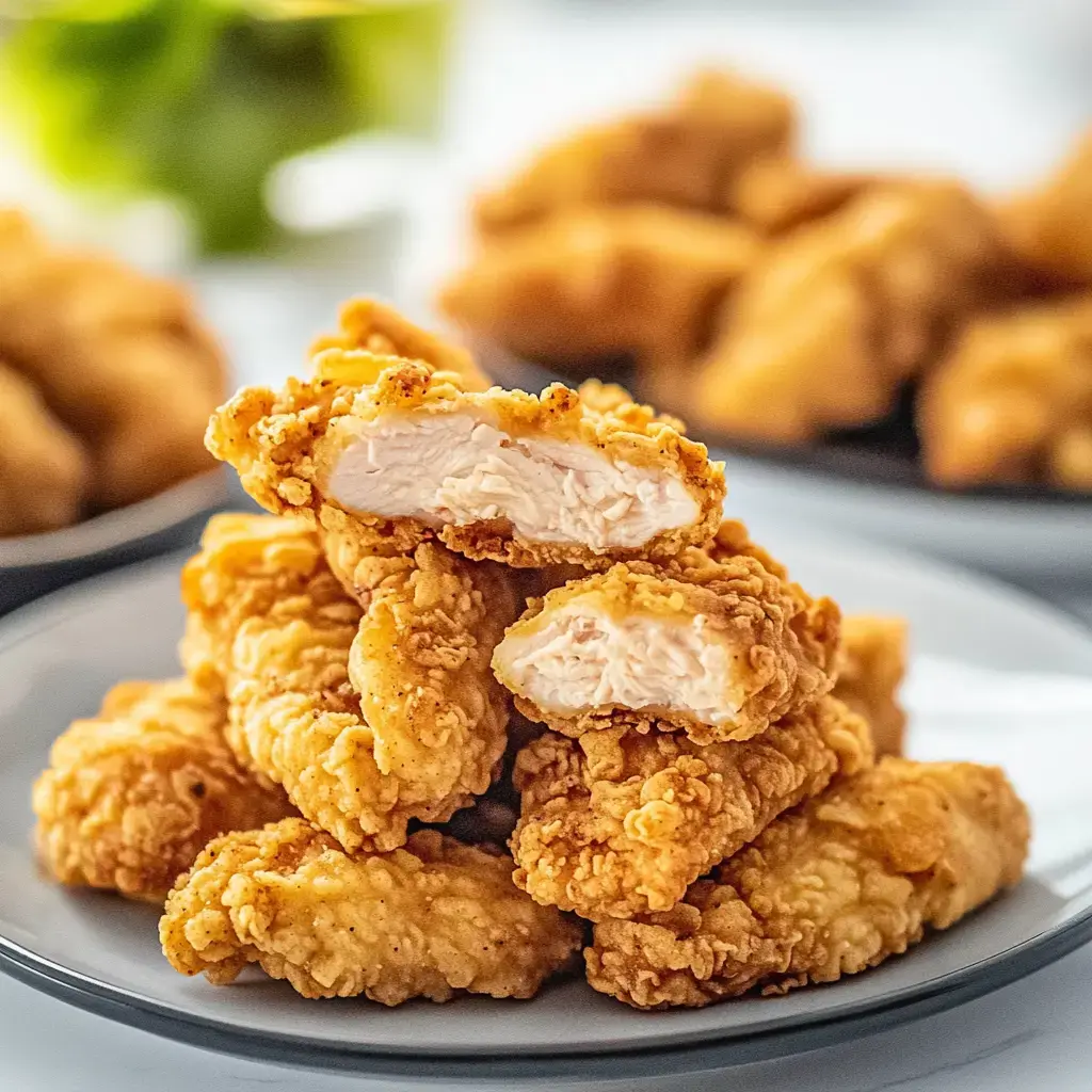 A close-up of golden, crispy chicken tenders stacked on a plate, with a few pieces broken open to reveal the white meat inside.