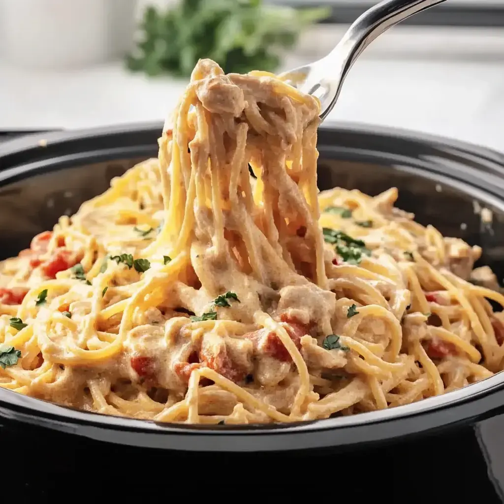 A fork lifts creamy pasta mixed with chopped tomatoes and garnished with parsley from a bowl.