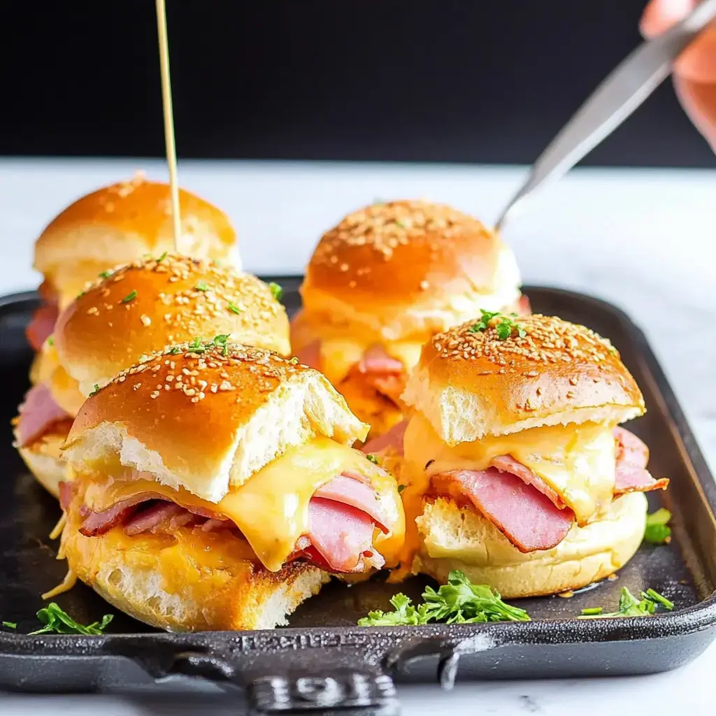 A close-up of several sesame-seed-topped sliders filled with ham and melted cheese on a black tray.