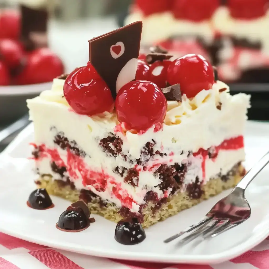 A slice of layered cake featuring chocolate, whipped cream, cherries, and a decorative chocolate piece is served on a plate.