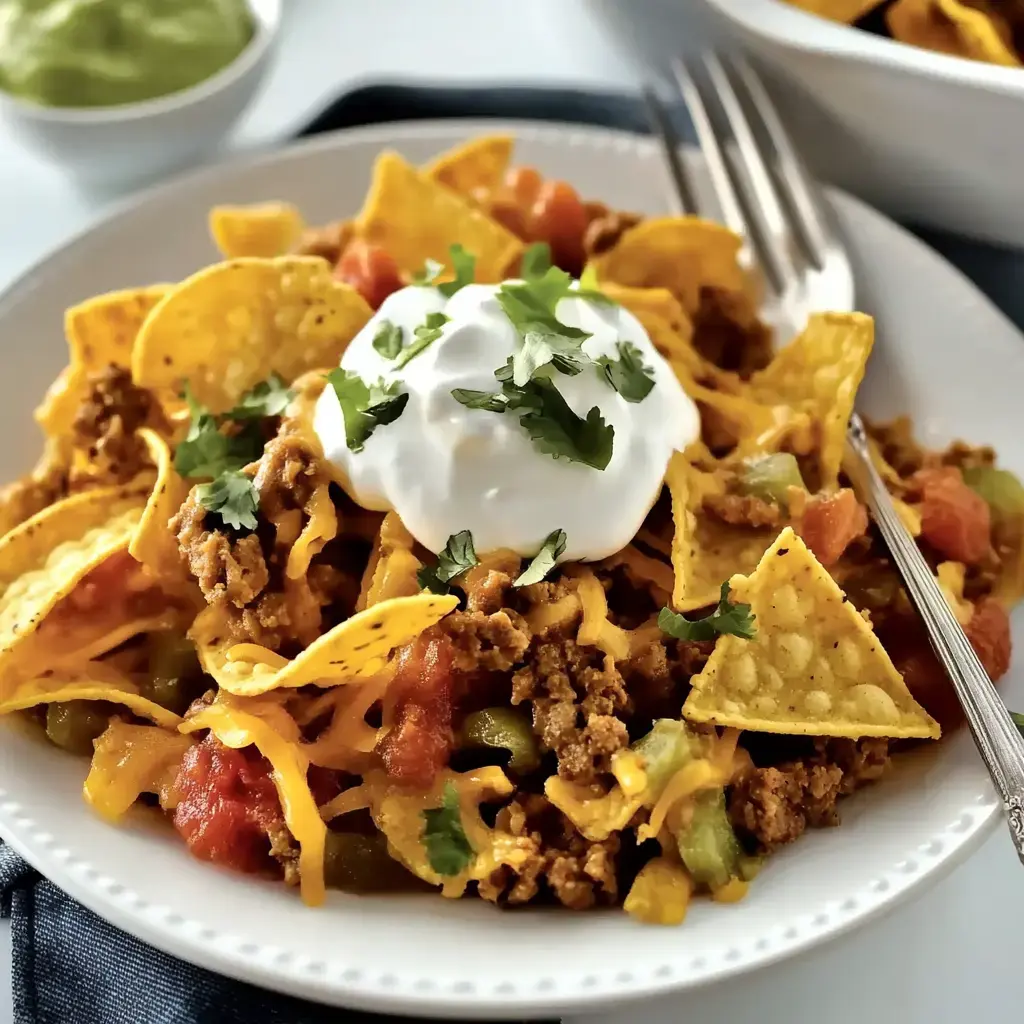 A close-up of a plate of nachos topped with seasoned ground beef, cheddar cheese, diced tomatoes, green peppers, sour cream, and fresh cilantro, with a bowl of guacamole in the background.