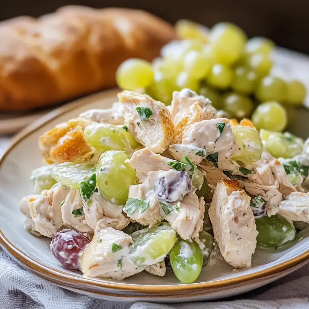 A plate of chicken salad with green and purple grapes, garnished with herbs, next to a loaf of bread.