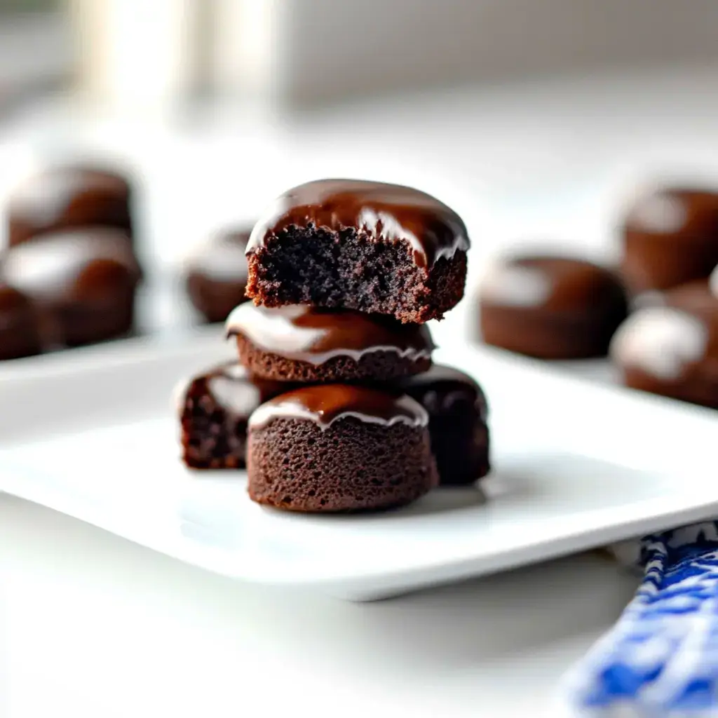 A stack of chocolate-coated pastries with a bite taken from the top one, displayed on a white plate.