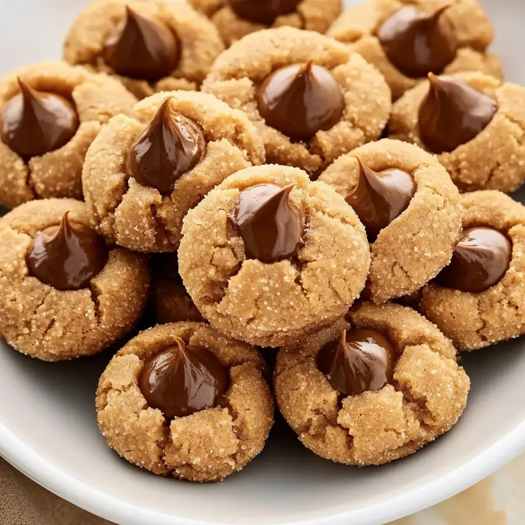 A close-up image of a plate piled with peanut butter cookies topped with chocolate kisses.