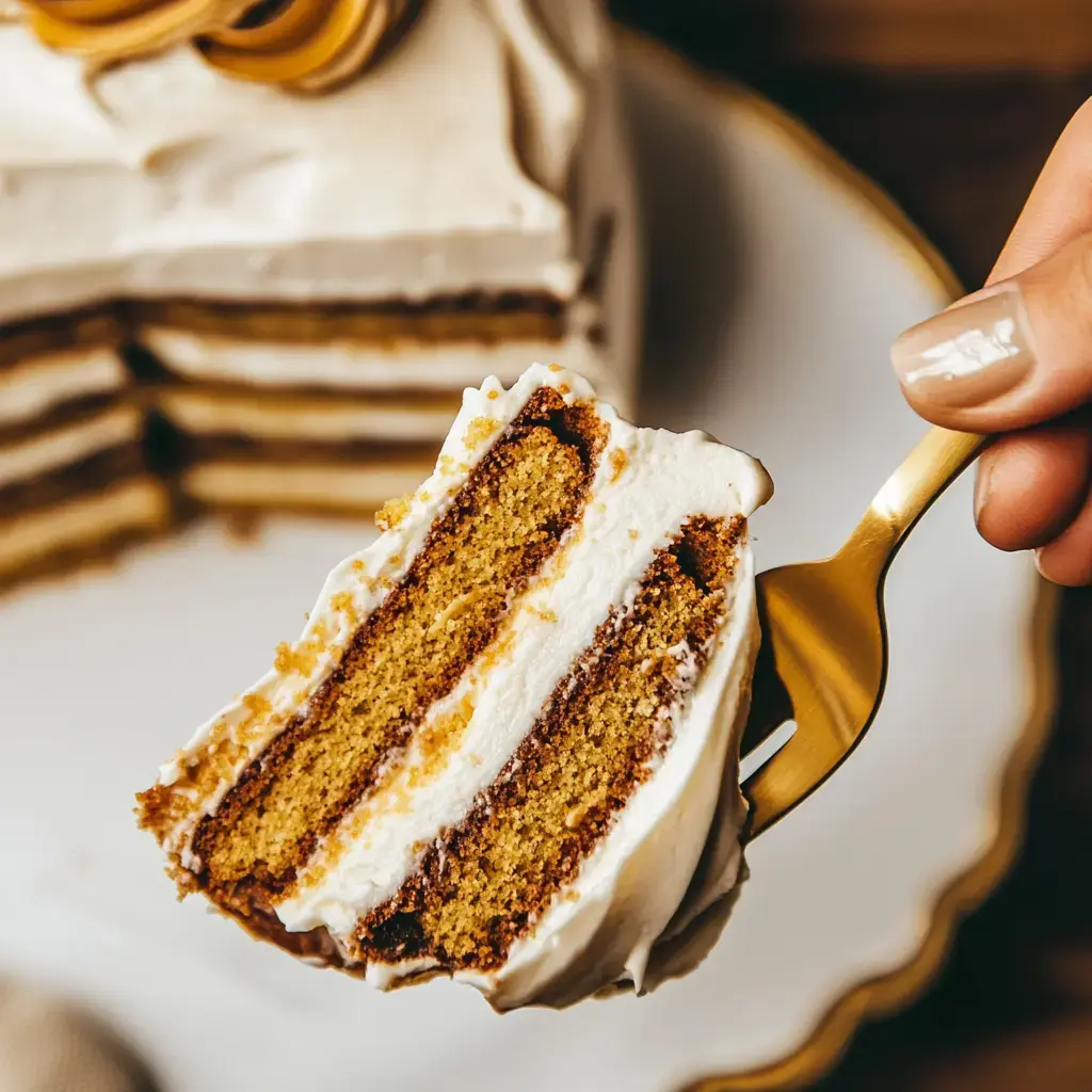 A hand holding a fork with a slice of layered cake topped with frosting, set against a background of the whole cake on a decorative plate.