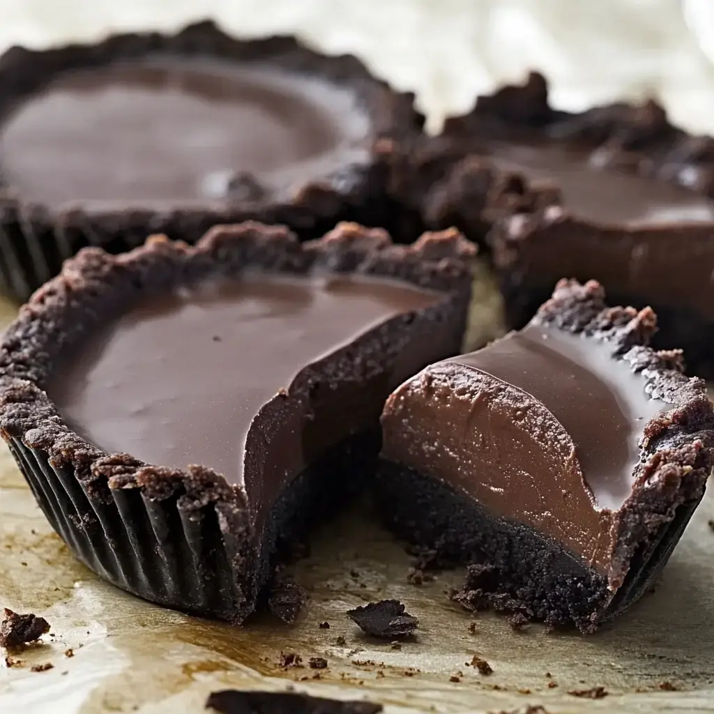 A close-up of chocolate tartlets with a rich, smooth chocolate filling, one tartlet has a bite taken out of it.