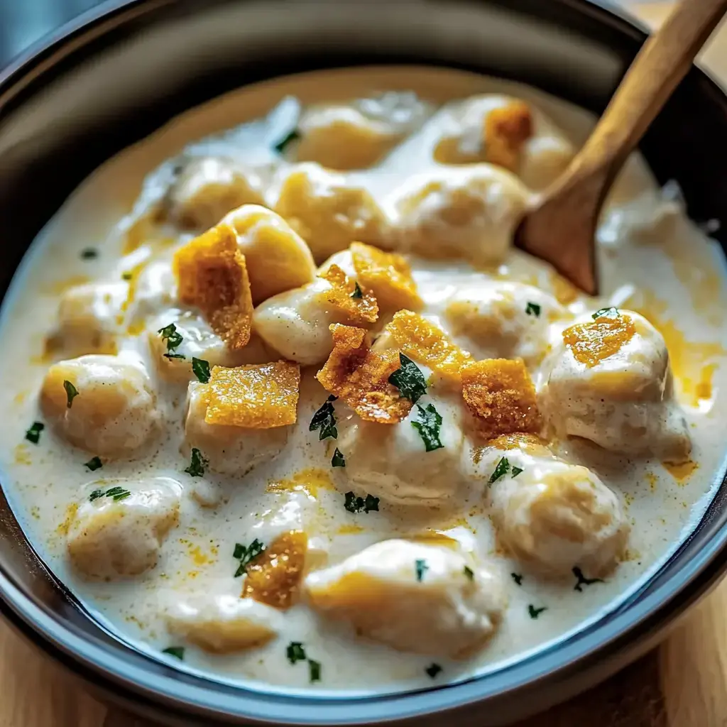 A bowl of creamy dumplings topped with crispy bits and garnished with parsley.