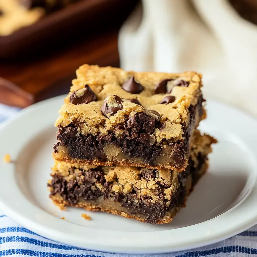 A close-up of two stacked chocolate chip cookie bars on a white plate, highlighting their layers of cookie dough and chocolate filling.