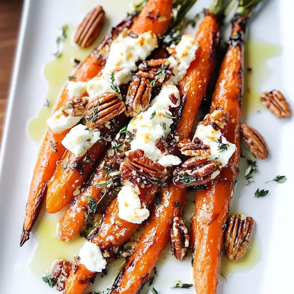 A plate of roasted carrots topped with goat cheese, pecans, and fresh thyme drizzled with olive oil.