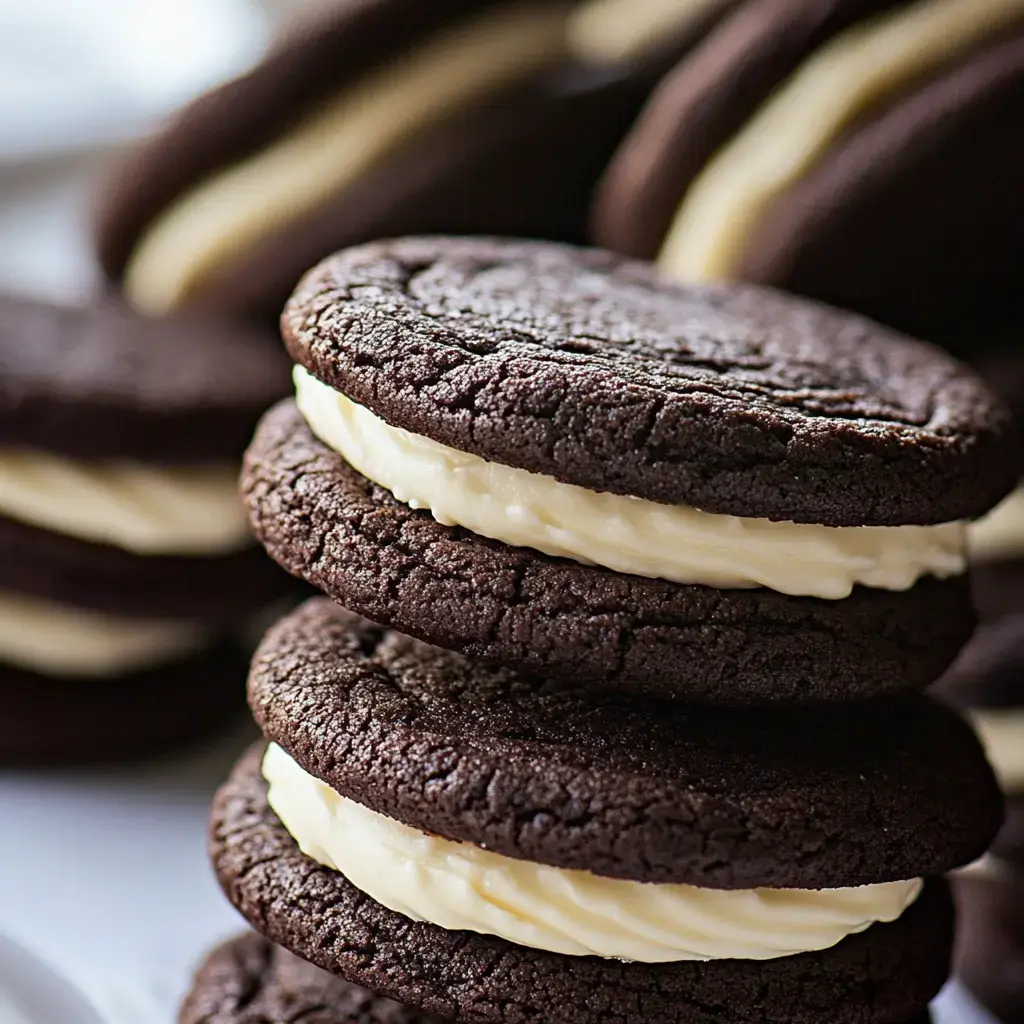 A stack of chocolate sandwich cookies filled with creamy white filling, with more cookies blurred in the background.