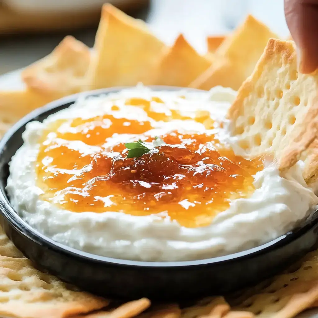 A black bowl filled with creamy cheese topped with orange jam and a sprig of greenery, surrounded by crispy crackers.