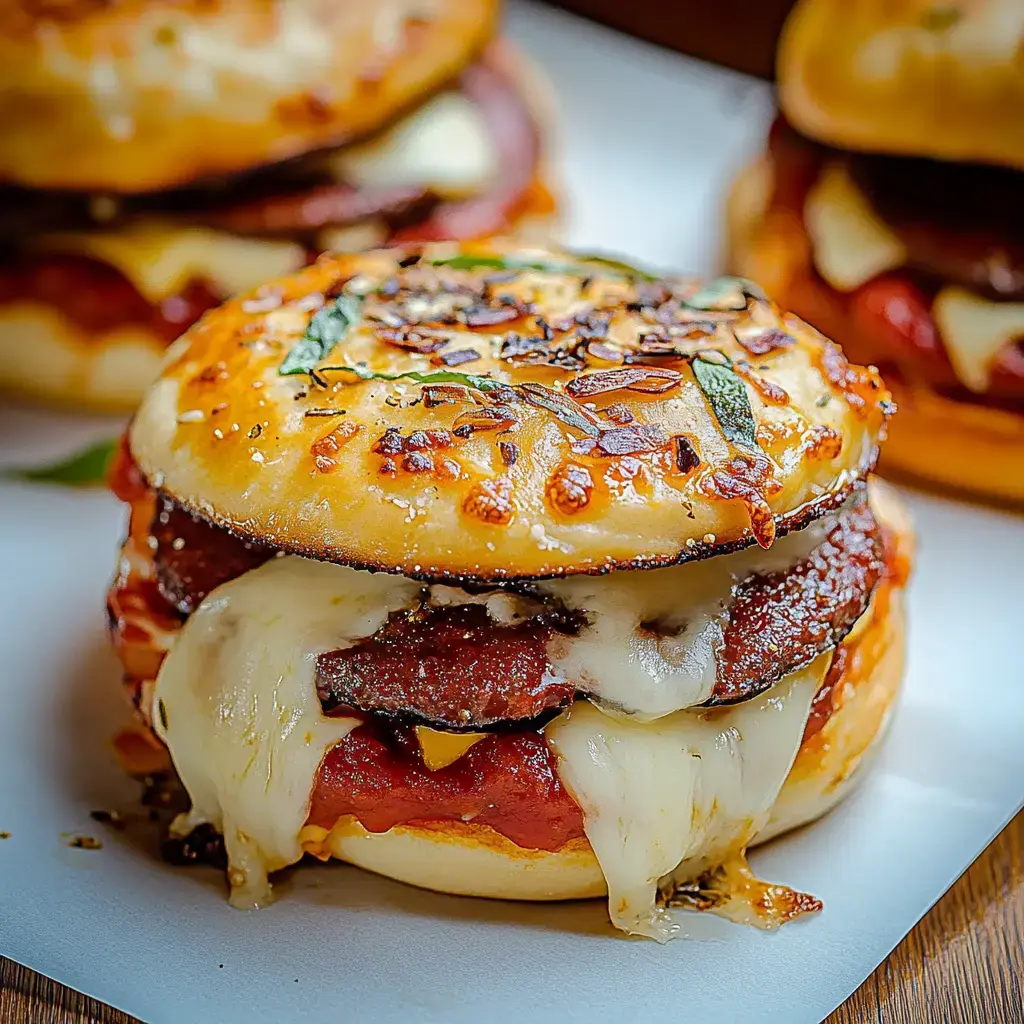 A close-up of a melted cheese and meat sandwich, featuring a golden, toasted top bun and garnished with herbs.