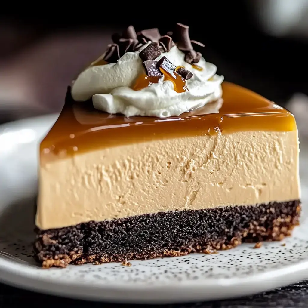 A slice of creamy caramel mousse cake with a chocolate crust, topped with whipped cream and chocolate shavings.