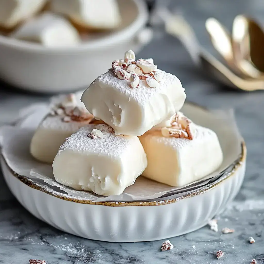 A plate of creamy white confection squares, dusted with powdered sugar and garnished with chopped nuts, sits on a marble surface.