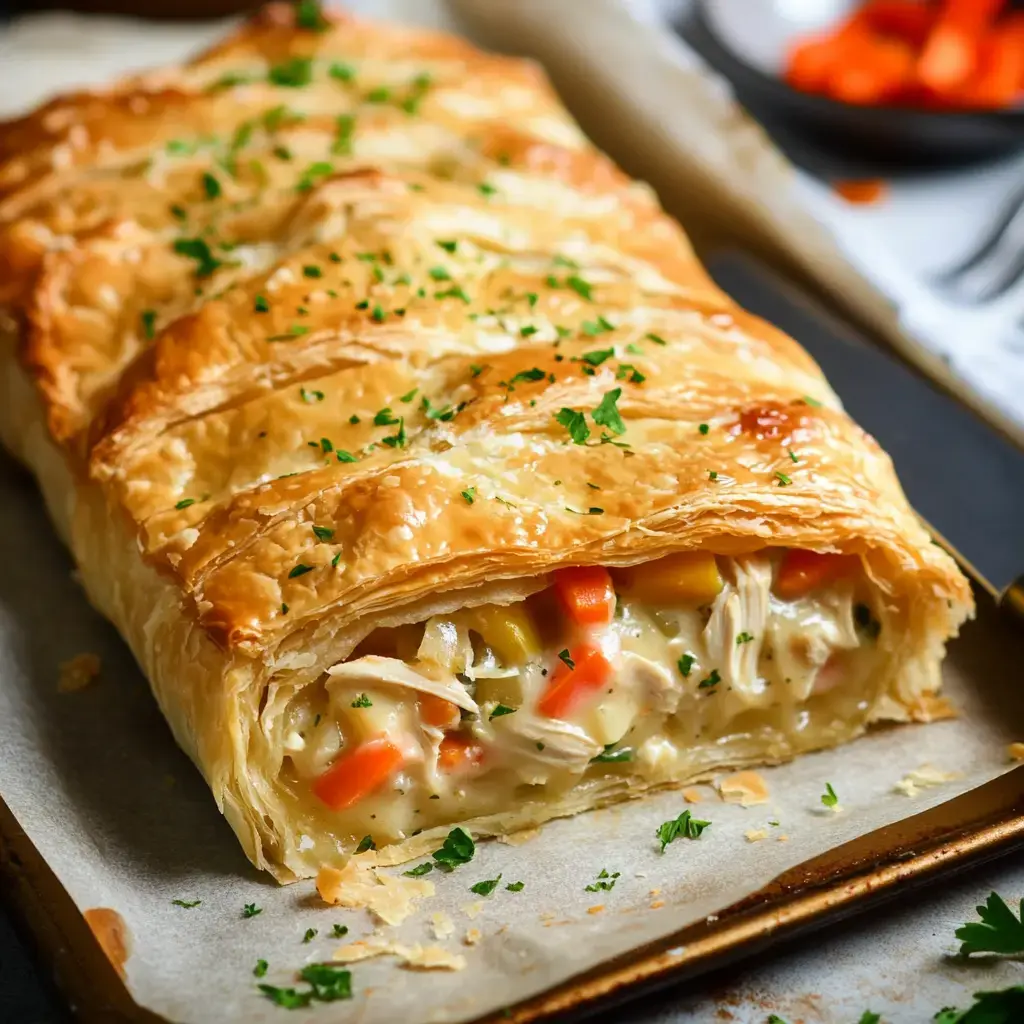 A golden-brown chicken pot pie wrapped in flaky pastry, garnished with parsley and filled with visible chunks of chicken and colorful vegetables.