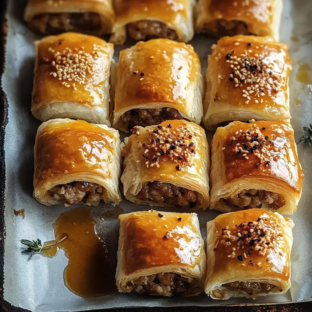 A close-up view of golden-brown pastries filled with meat and topped with sesame seeds and spices, arranged neatly on a parchment-lined tray.