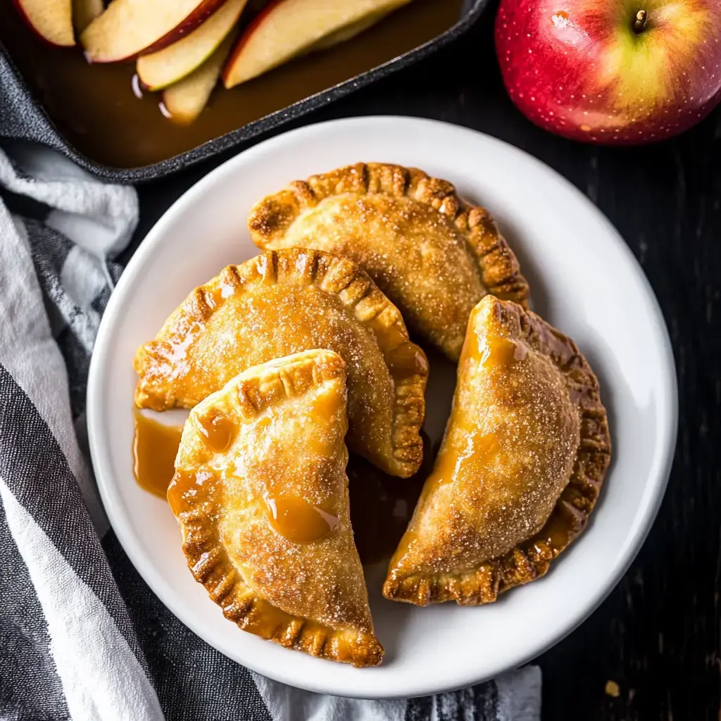 A plate of three caramel-drizzled apple dumplings sits beside a bowl of apple slices and a red apple.