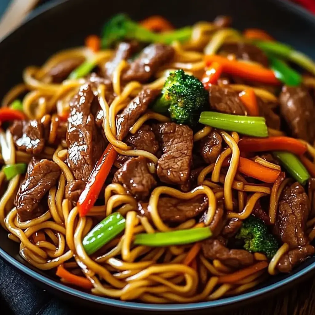 A close-up of beef stir-fry with noodles, broccoli, and colorful vegetables in a dark bowl.