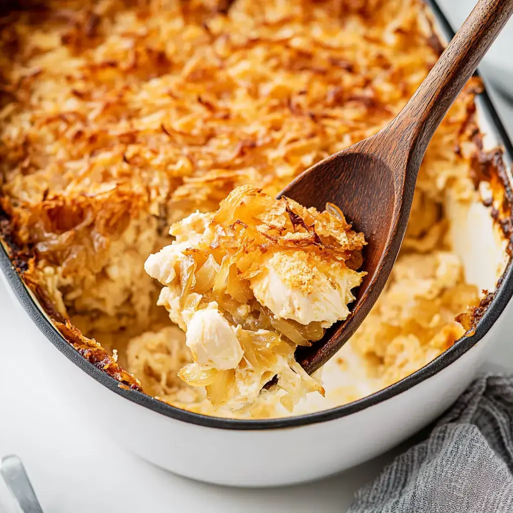 A wooden spoon is lifting a portion of creamy chicken casserole topped with crispy golden-brown ingredients from a white baking dish.