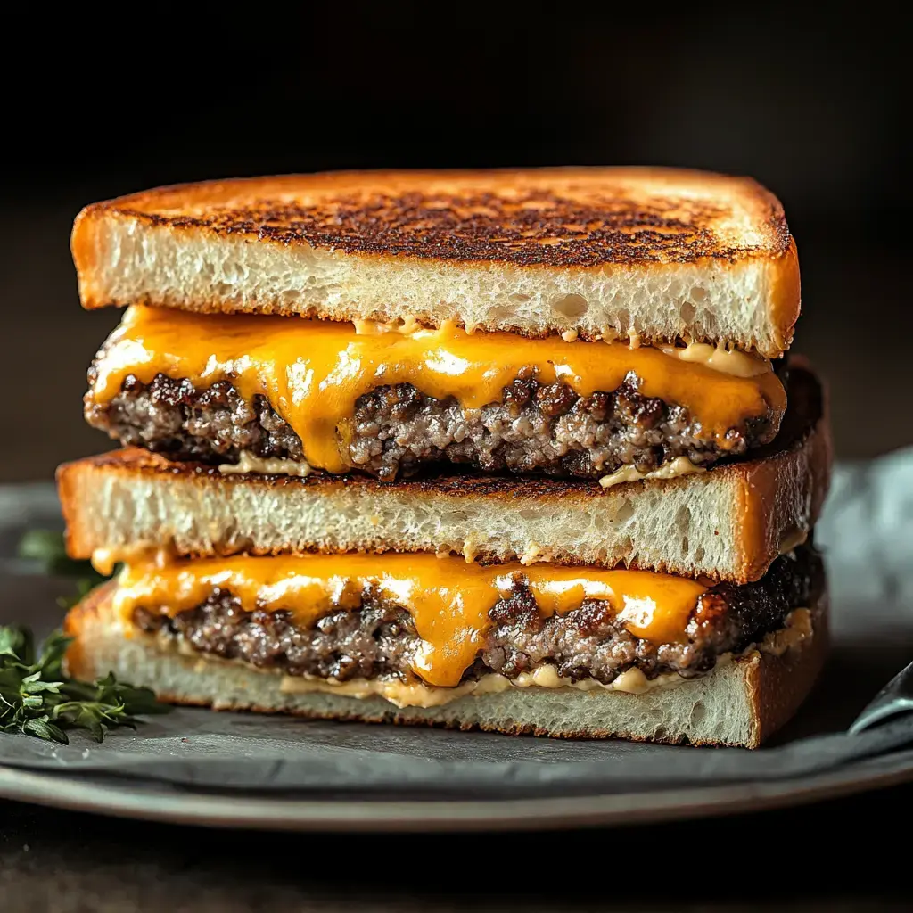 A close-up of a stacked sandwich featuring grilled cheese and a beef patty with melted cheddar cheese, served on a dark plate with a sprig of thyme.