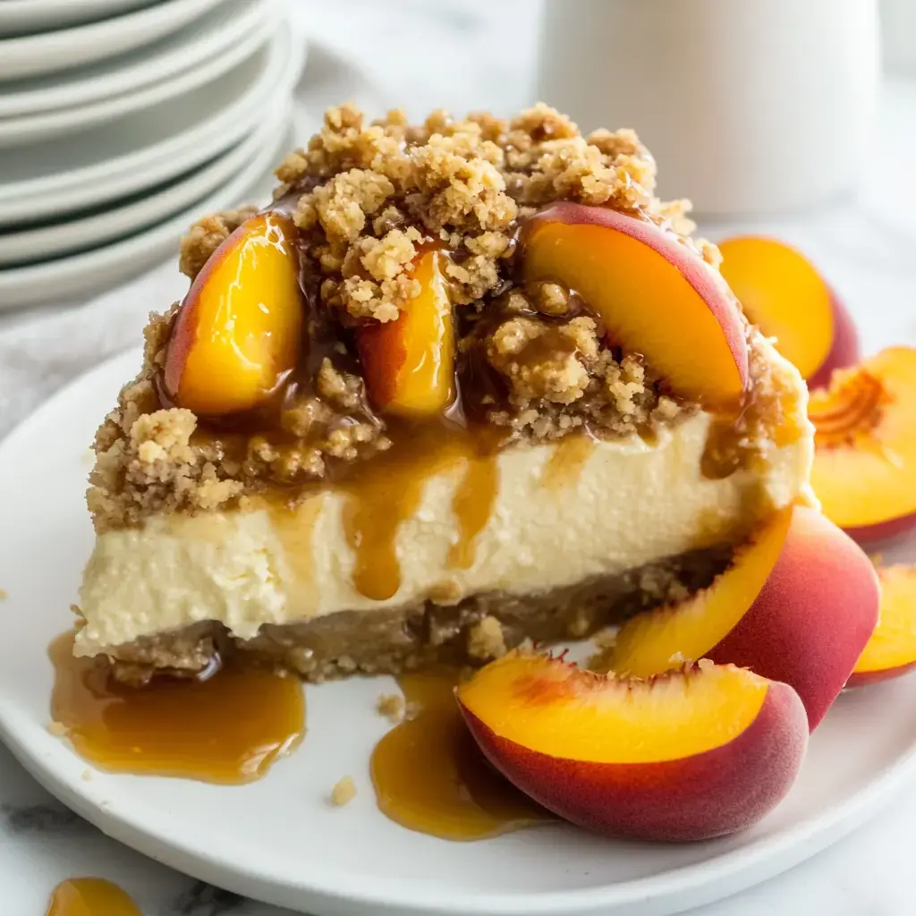 A slice of creamy cheesecake topped with crumbled streusel, fresh peach slices, and a drizzle of caramel sauce, served on a white plate with additional peach slices beside it.