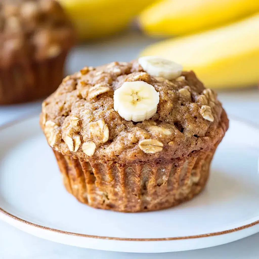 A freshly baked banana muffin topped with sliced bananas and oats on a white plate, with additional bananas in the background.