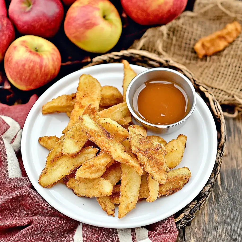 A plate of golden, crispy apple fries is served with a small bowl of dipping sauce, surrounded by fresh apples.