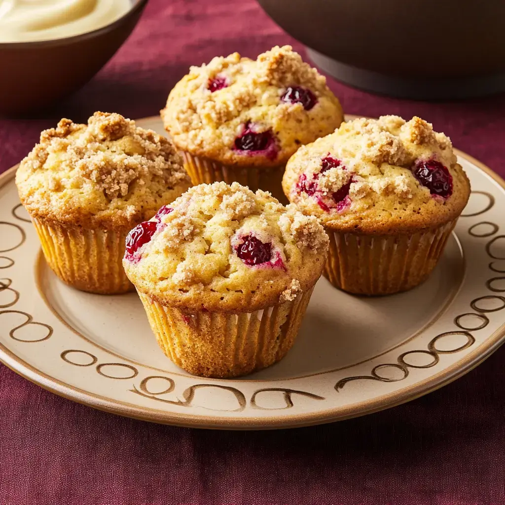 A plate of four freshly baked muffins with crumbly topping and visible cranberries, set against a rich, textured background.