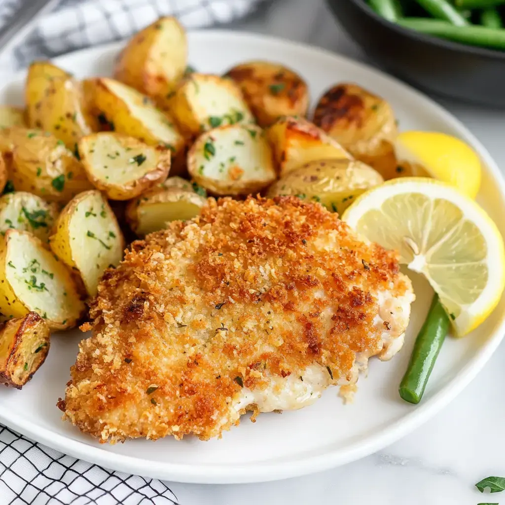 A plate of crispy fried fish is served alongside roasted baby potatoes, lemon wedges, and a green bean, all garnished with parsley.