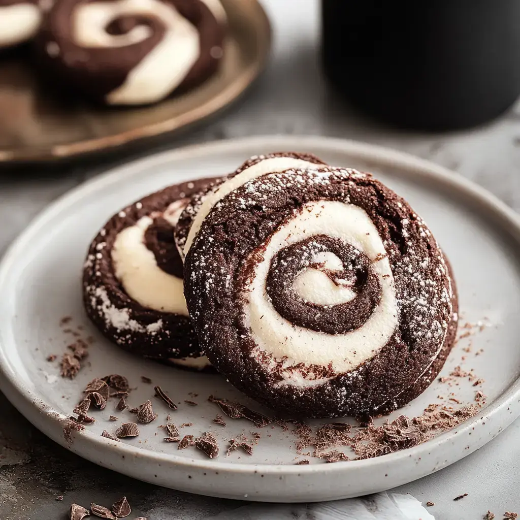 A plate of spiral-shaped chocolate and cream cookies dusted with powdered sugar, with chocolate shavings scattered around.