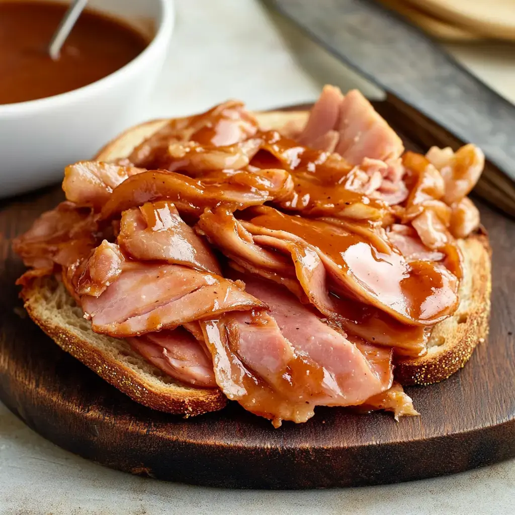 A slice of bread topped with generous portions of sliced ham and a drizzle of sauce, accompanied by a small bowl of additional sauce in the background.