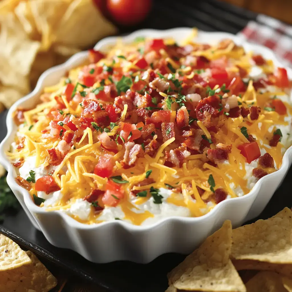 A creamy dip topped with shredded cheddar cheese, diced tomatoes, crispy bacon, and parsley, served with tortilla chips.