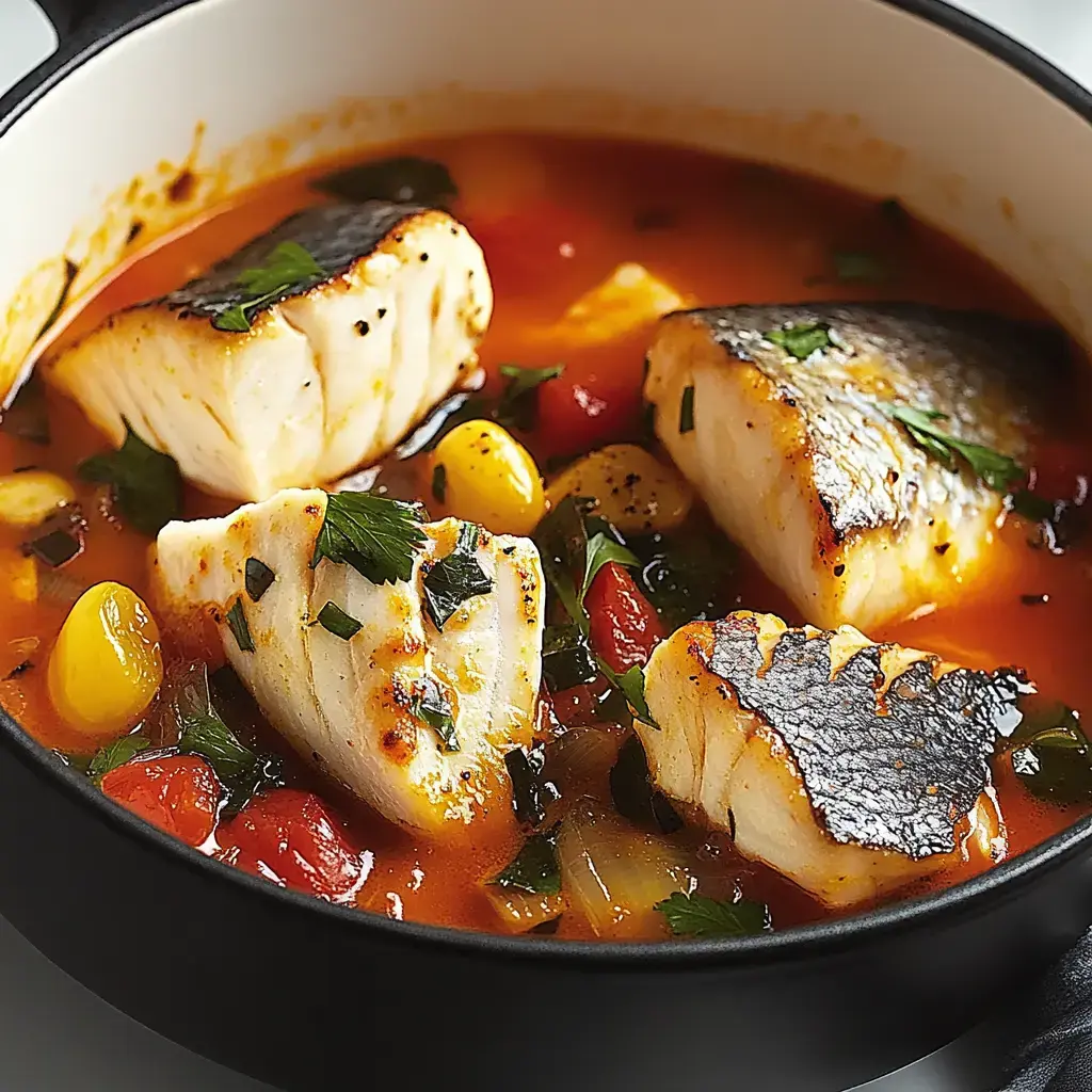 A close-up of a pot containing pieces of seared fish in a colorful tomato and vegetable broth, garnished with fresh herbs.