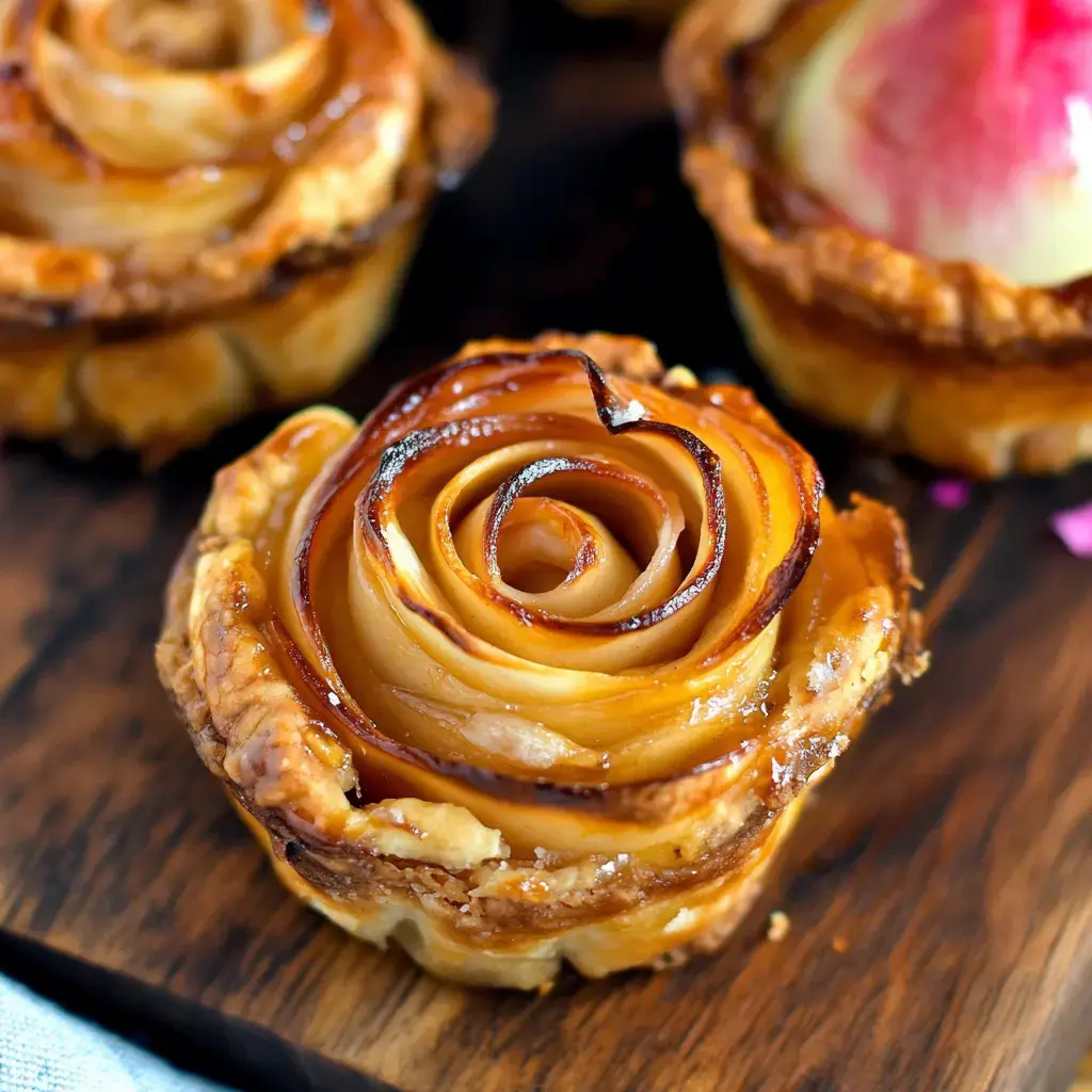 A close-up of a pastry dessert shaped like a rose, made with thinly sliced apples arranged in a flaky crust.