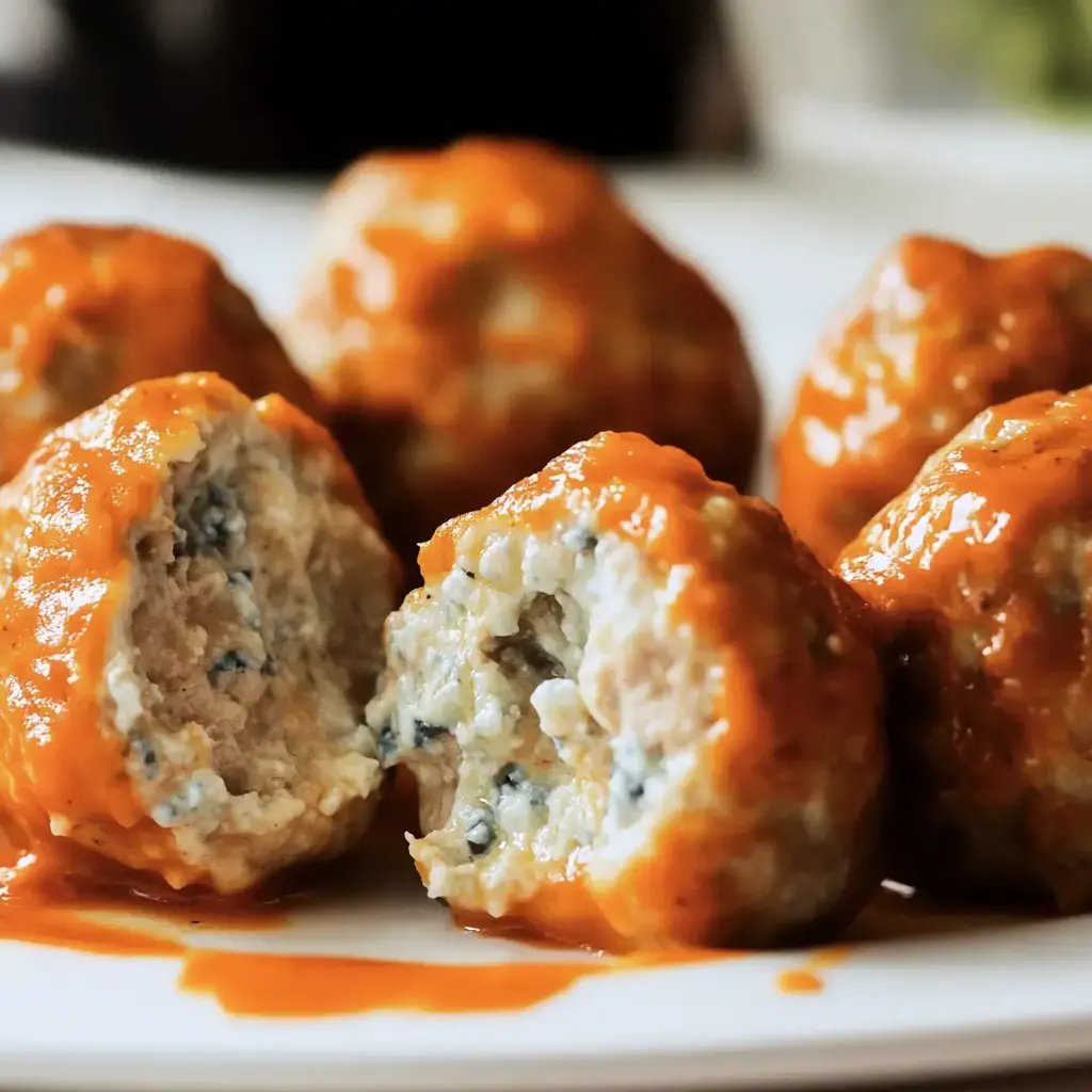 A close-up of meatballs coated in a red sauce, with one meatball cut in half to reveal its filling.