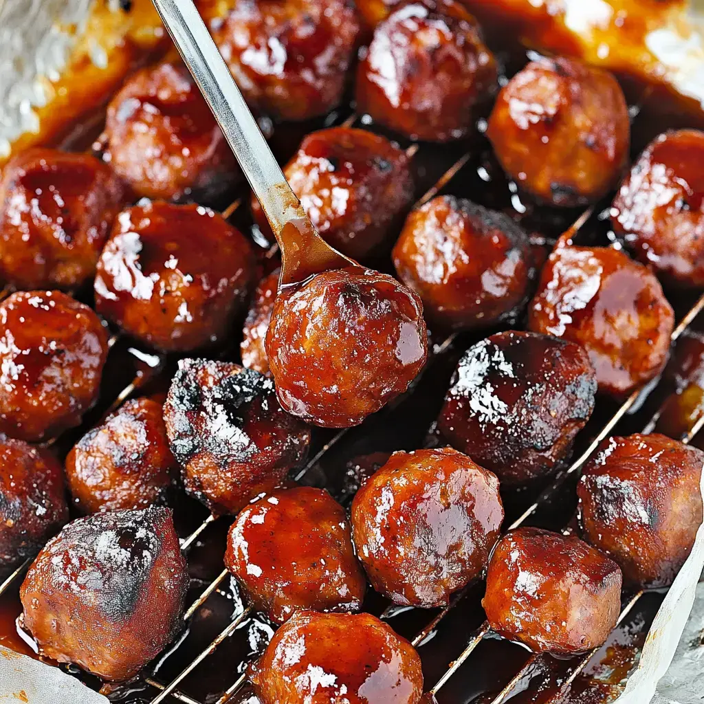 A spoon is lifting a glazed meatball from a tray filled with more meatballs in a rich, dark sauce.