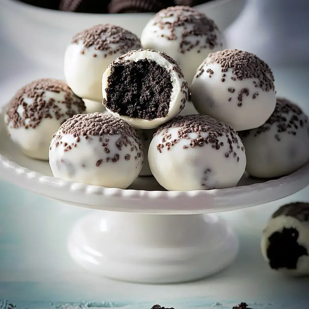 A plate displays white chocolate-coated cake balls topped with chocolate sprinkles, with one ball cut in half to reveal a dark chocolate interior.