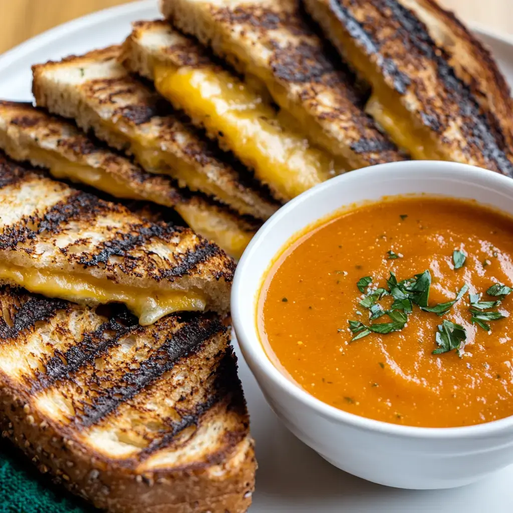 A plate featuring grilled cheese sandwiches with melted cheese and a bowl of tomato soup garnished with herbs.