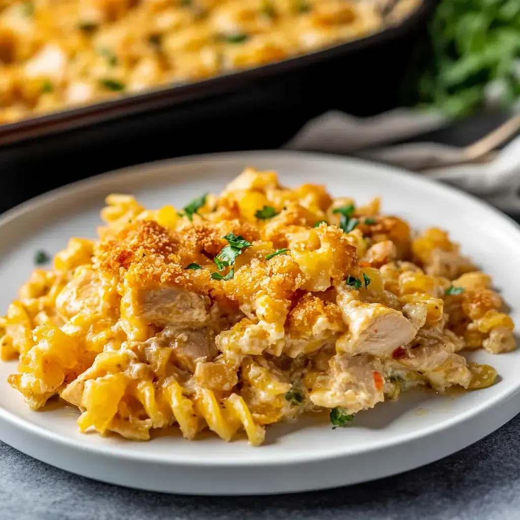 A creamy chicken and pasta bake topped with a golden breadcrumb crust, garnished with parsley, on a white plate.