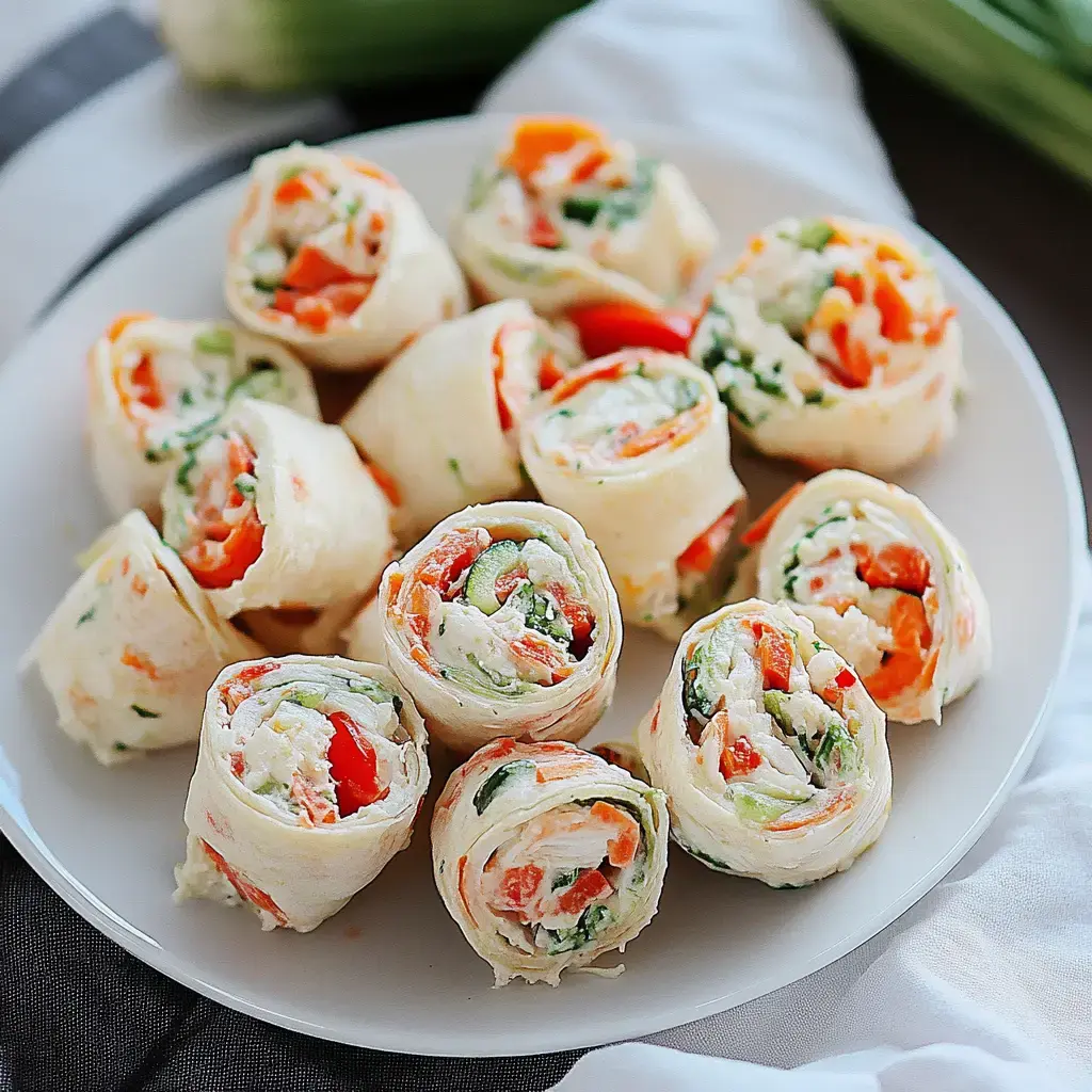 A plate of colorful vegetable and cream cheese tortilla roll-ups arranged neatly.