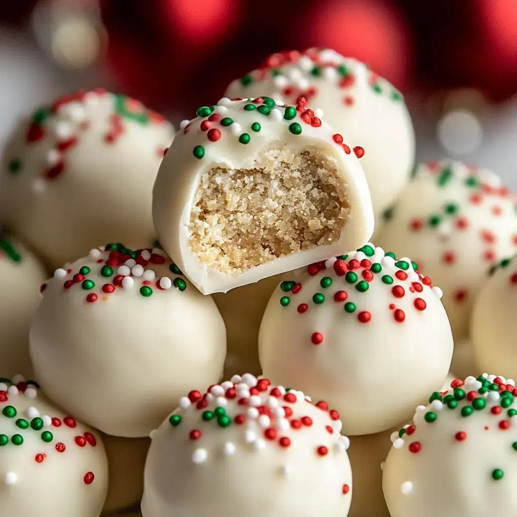 A close-up of white chocolate-covered truffles decorated with red and green sprinkles, with one truffle showing a bite taken out to reveal the inner filling.