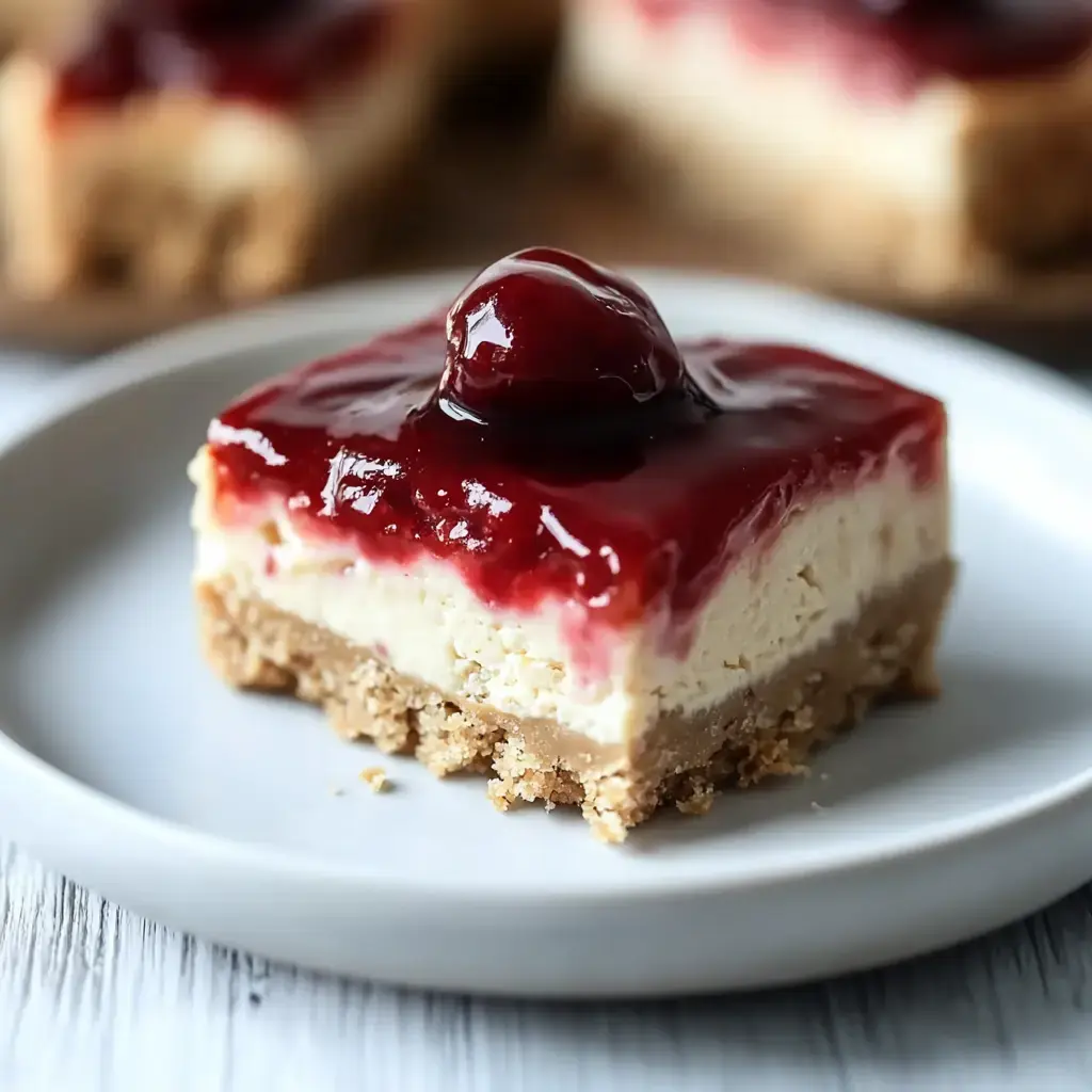 A slice of cheesecake with a graham cracker crust, topped with a glossy cherry sauce and placed on a white plate.