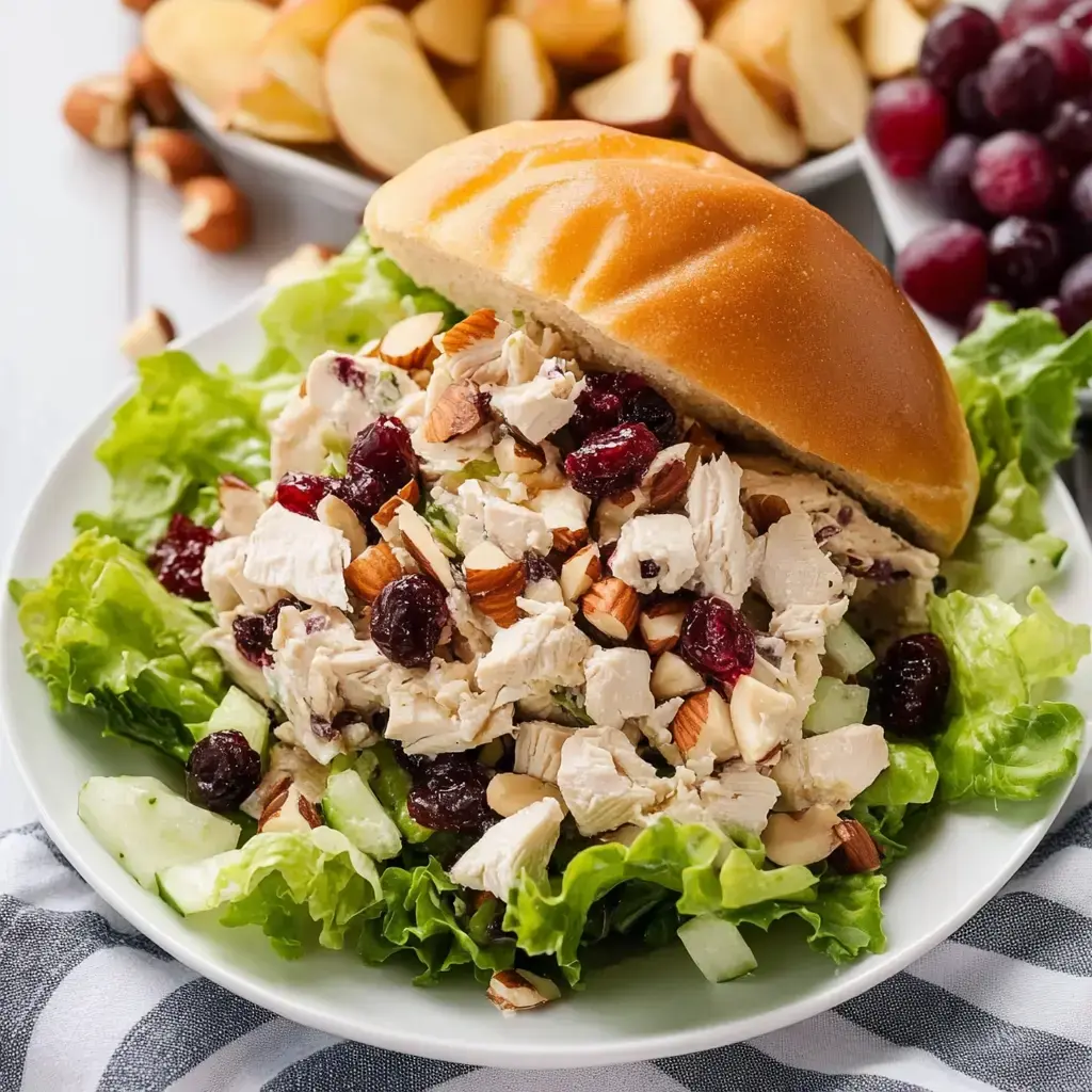 A plate of leafy greens topped with chicken salad, almonds, and dried cranberries, accompanied by a sandwich bun and side slices of apples and grapes.