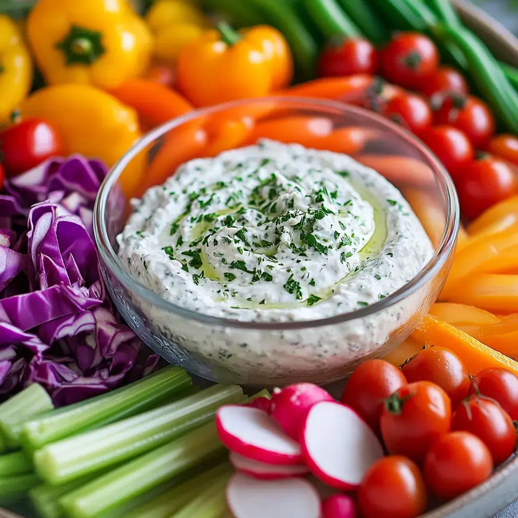 A glass bowl of creamy herb dip is surrounded by an assortment of colorful fresh vegetables, including bell peppers, celery, cherry tomatoes, and radishes.