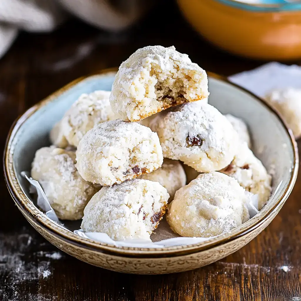 A bowl of powdered sugar-covered cookies, with one cookie having a bite taken out, sits on a wooden surface.