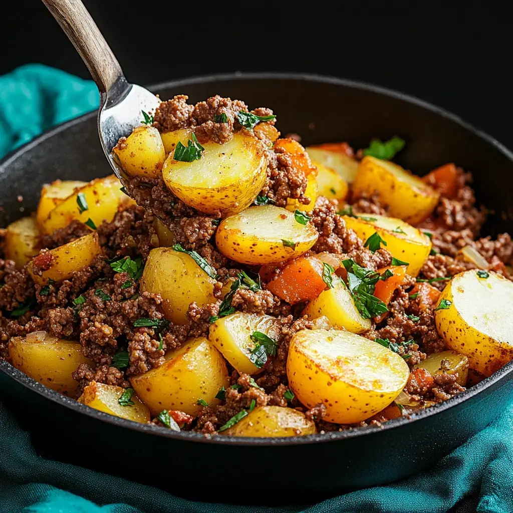 A close-up of a dish featuring seasoned ground meat mixed with golden potatoes and garnished with parsley.