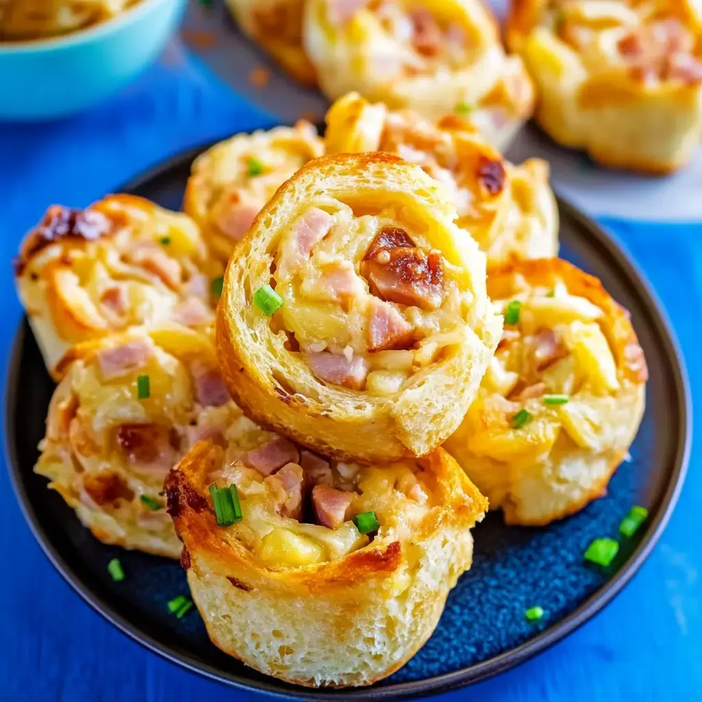 A plate of golden-brown rolls filled with ham and cheese are presented, garnished with green onions.