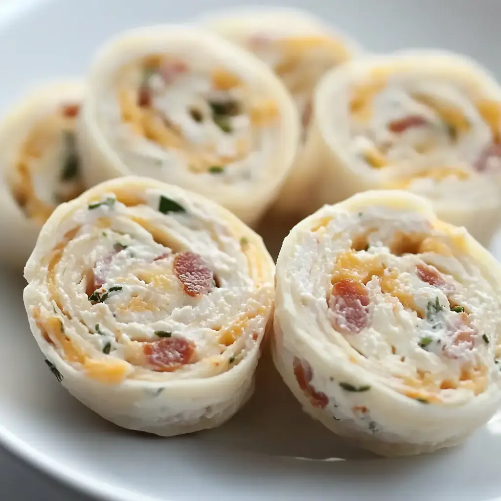 A close-up view of sliced rolls made from tortillas filled with cream cheese, bacon, and herbs, arranged on a white plate.